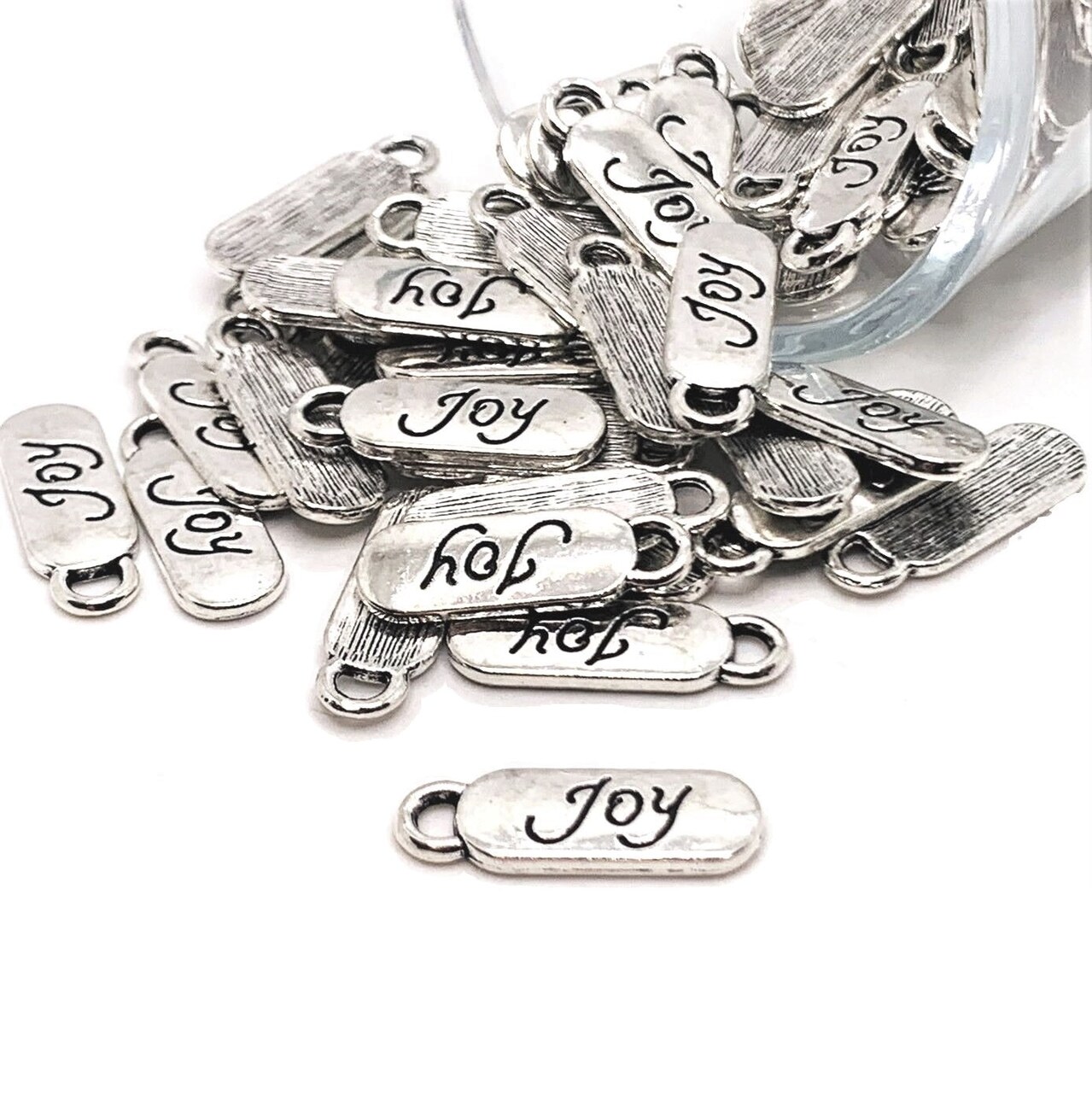 4, 20 or 50 Pieces: Small Silver Joy Tag Charms